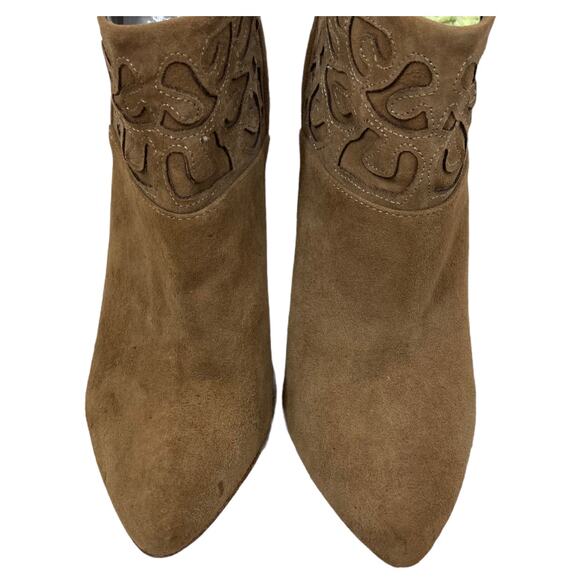 Rebecca Taylor suede ankle booties tan leather high heel, laser cut leopard cuff - Picture 5 of 10